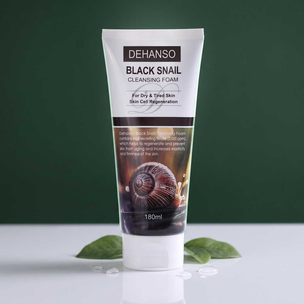 DeHanso Black Snail Cleansing Foam on green studio background