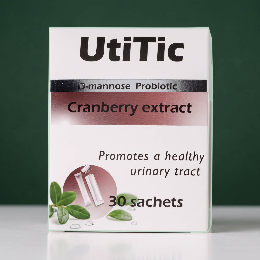 UtiTic Cranberry Urinary Support on green studio background