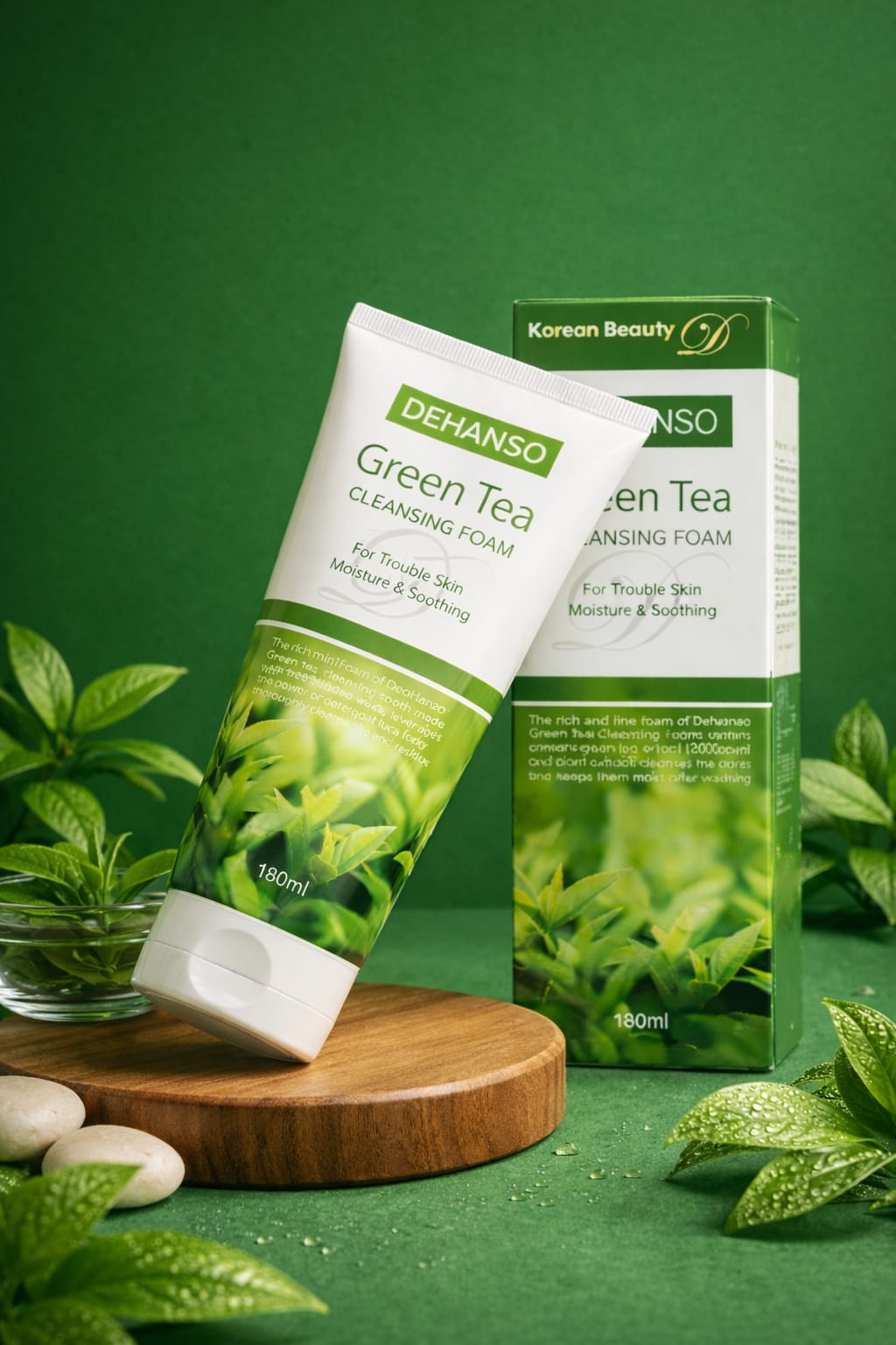 DeHanso Green Tea Foam Cleanser — product with botanical styling
