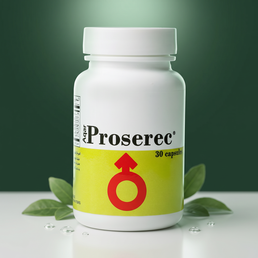 Aqar Proserec prostate support on green studio background