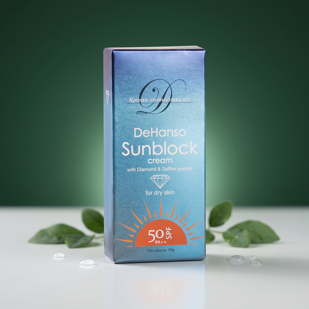 DeHanso Sunblock for Dry Skin SPF50 on green studio background
