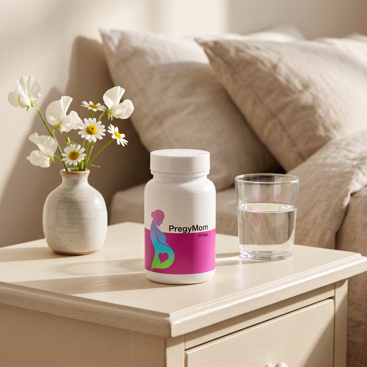 PregyMom prenatal supplement bottle on a bedside table with water and flowers