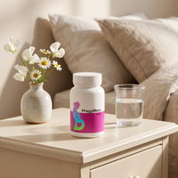 PregyMom prenatal supplement bottle on a bedside table with water and flowers