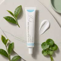 DeHanso Glycolic Acid Exfoliator Cream with a cream swatch, green tea and centella leaves