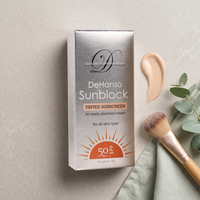 DeHanso Tinted Sunscreen box with a swatch of its natural beige tinted cream