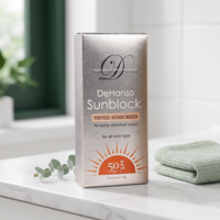 DeHanso Tinted Sunscreen SPF50 box on a white marble vanity