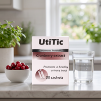UtiTic Cranberry D-Mannose Sachets box with fresh cranberries and a glass of water