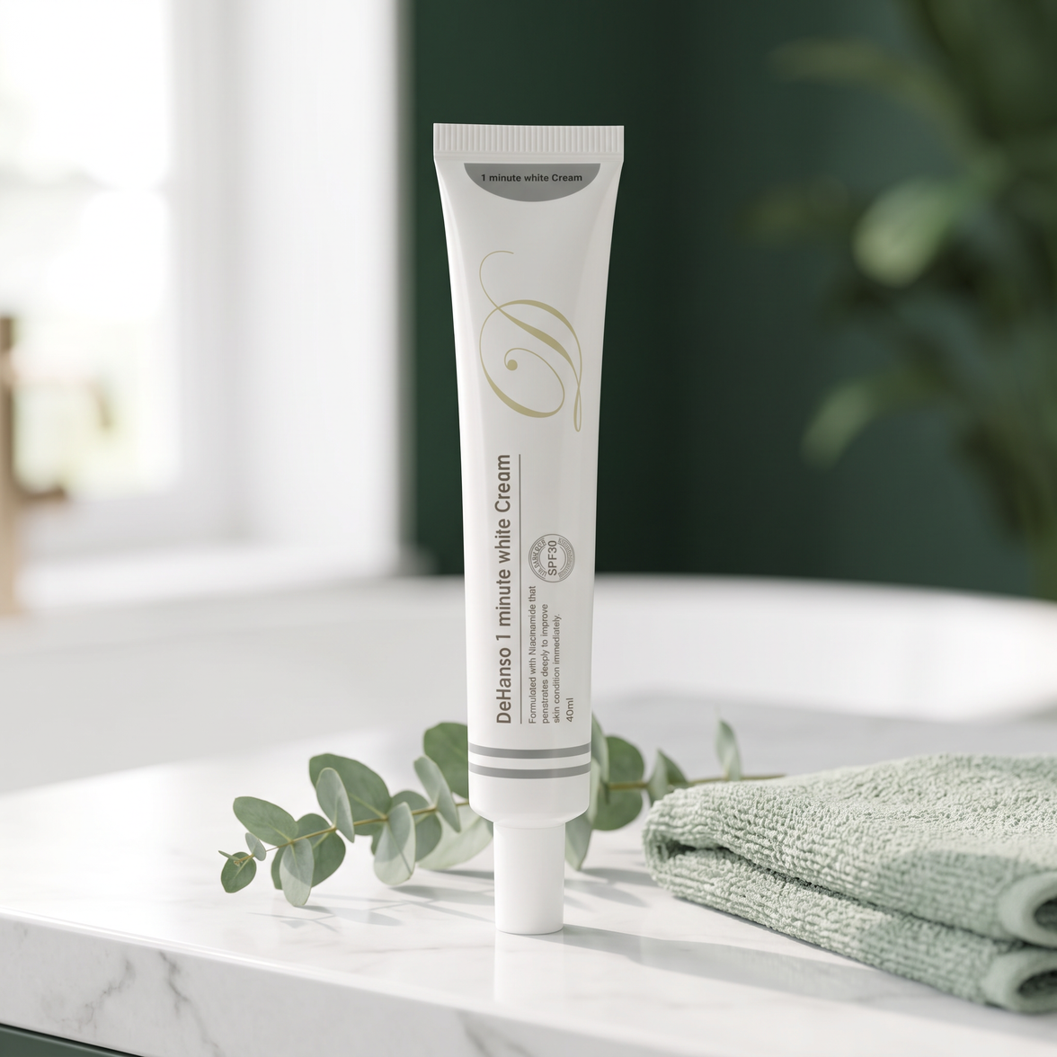 DeHanso 1 Minute White Cream SPF30 tube on a white marble bathroom vanity