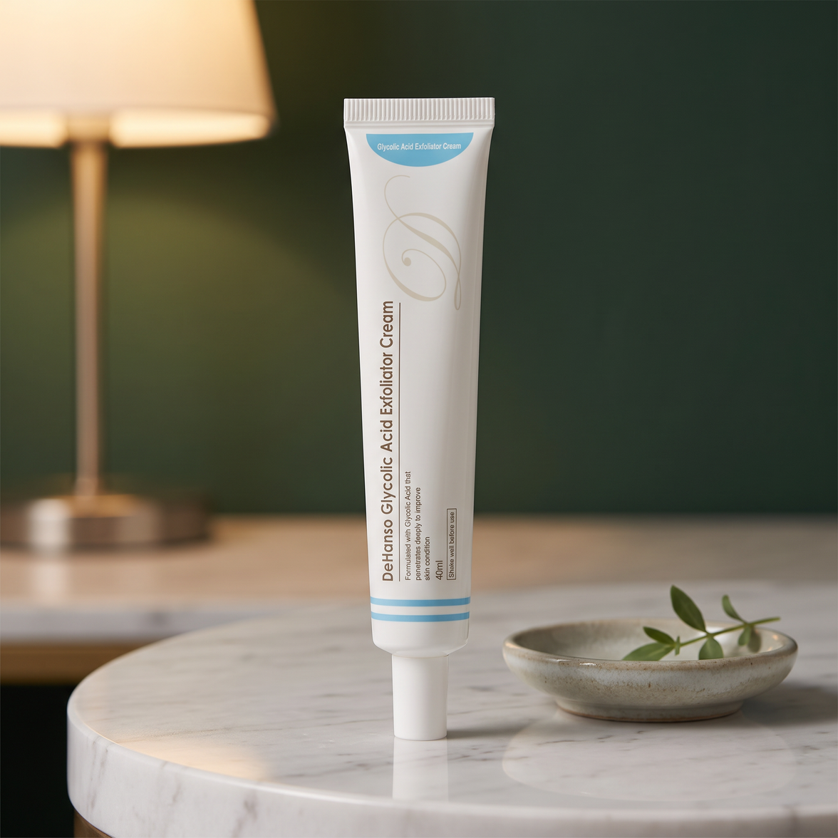 DeHanso Glycolic Acid Exfoliator Cream on an evening vanity for the night routine