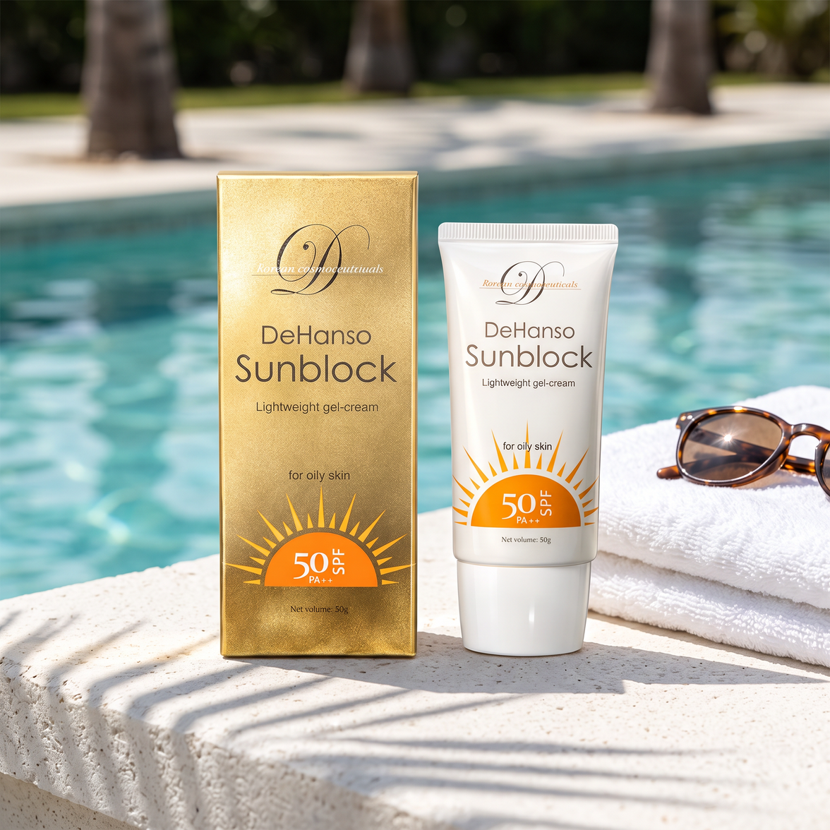 DeHanso Sunblock for Oily Skin SPF50 box and tube by a sunny pool